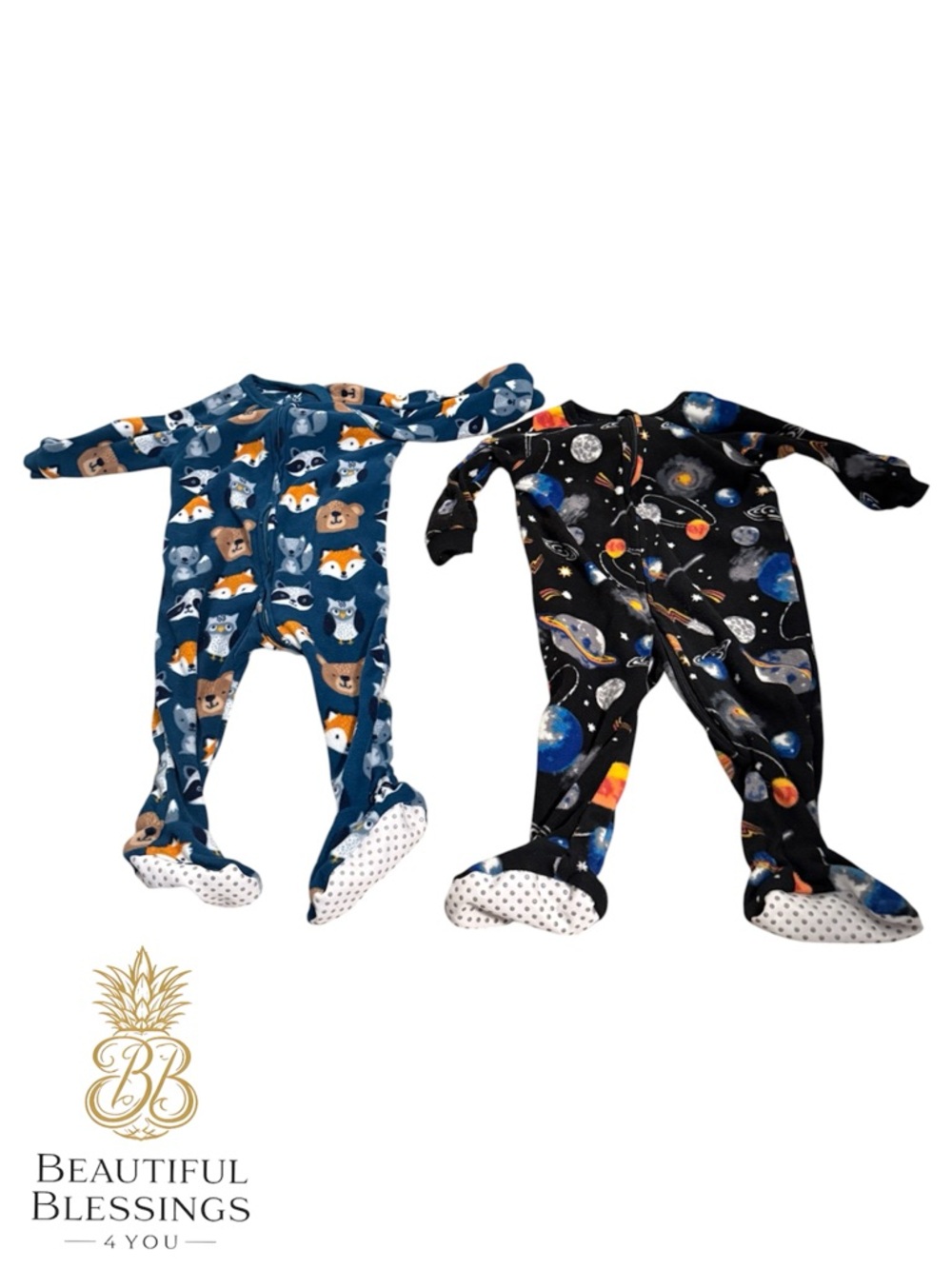 Two-Pack Footed One-Pieces - Navy Animal & Black Space Prints - Baby Boy